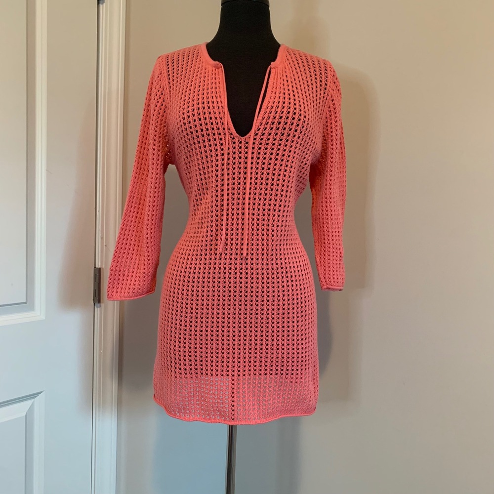 Jeanne Pierre Womens XL Coral Pink Open Knit Tunic Sweater V-Neck Cotton Mesh